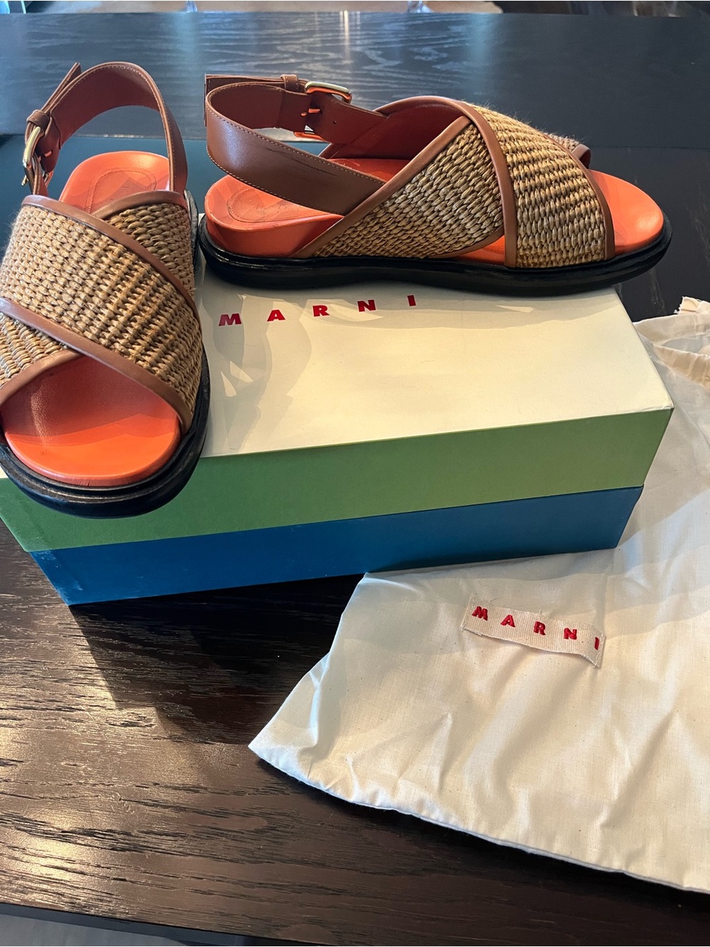 Marni Fussbet Rafia effect Leather Cross-Strap Sandals with Orange Insole